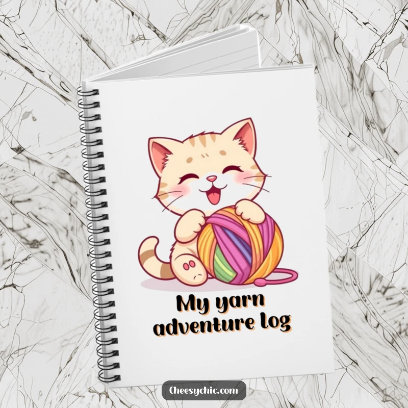 Funny notebook with a cute cat character happily batting at a colorful ball of yarn, ready for notes.