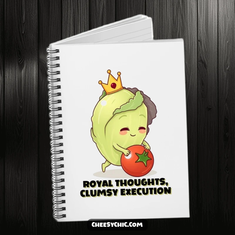 Funny notebook showing a lettuce king wearing a crown, tripping over a tomato, great for notes.