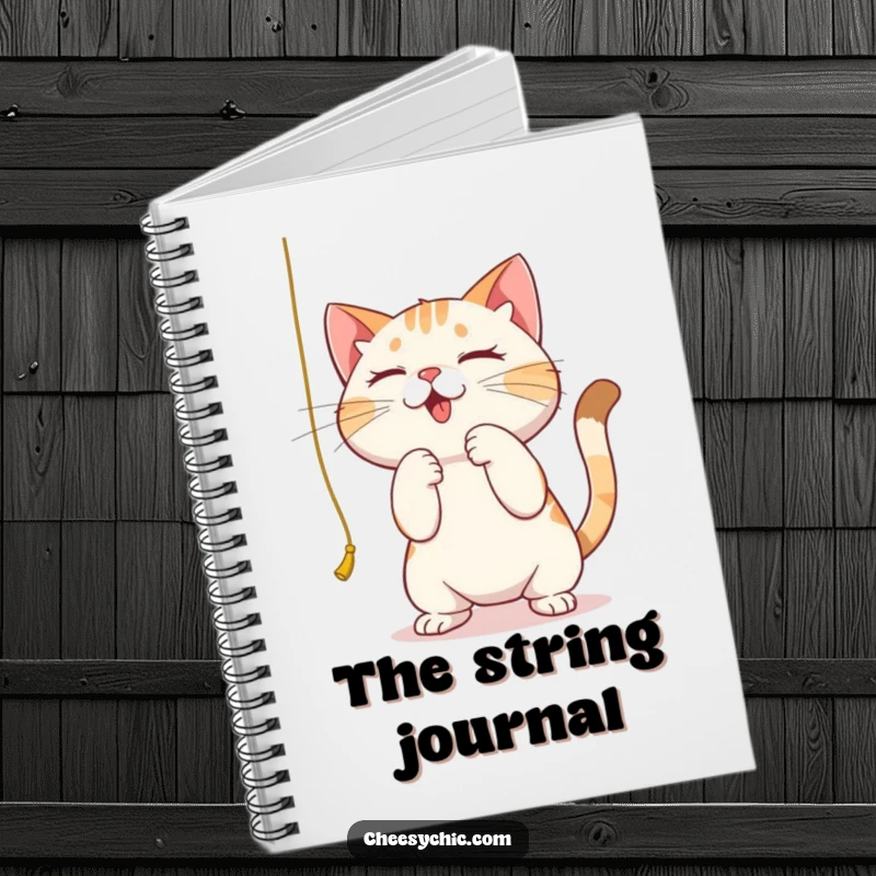 Funny notebook cover with a cute cat intently batting at a dangling string, showing extreme focus and humor.