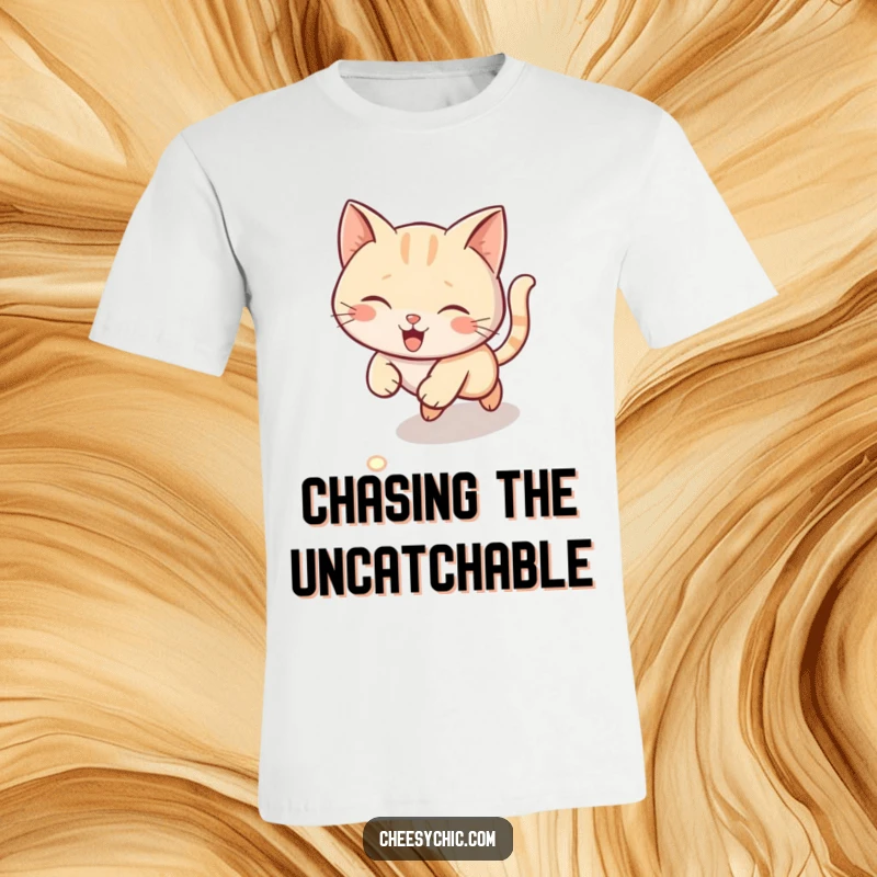 Funny t-shirt depicting a cute cat crazily chasing a laser dot on the floor, energetic and humorous action.