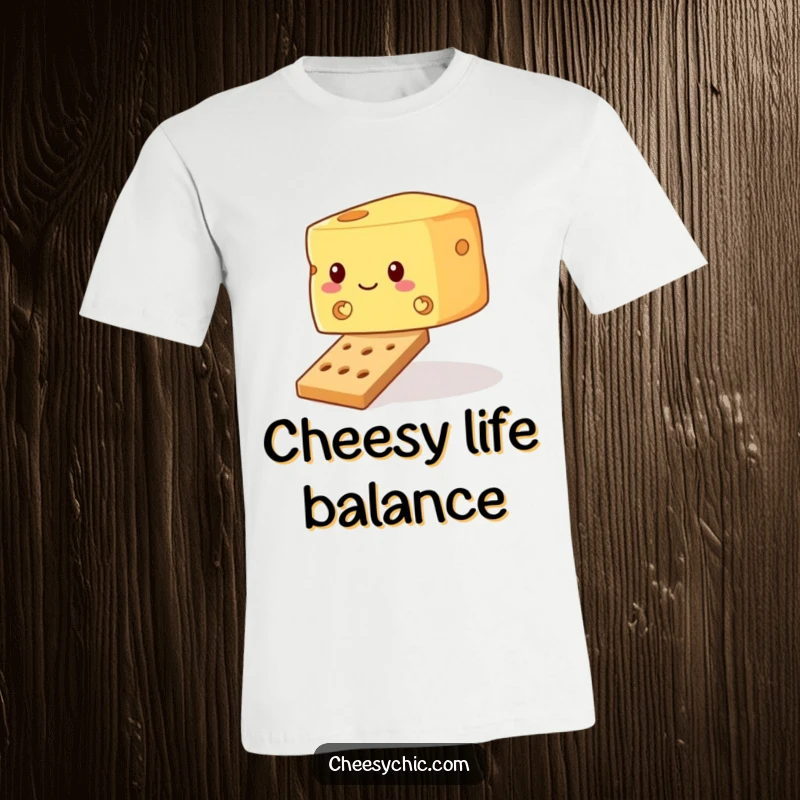 Funny t-shirt featuring a wobbly block of cheese hilariously attempting to balance on a very small cracker, looking unstable but hopeful.