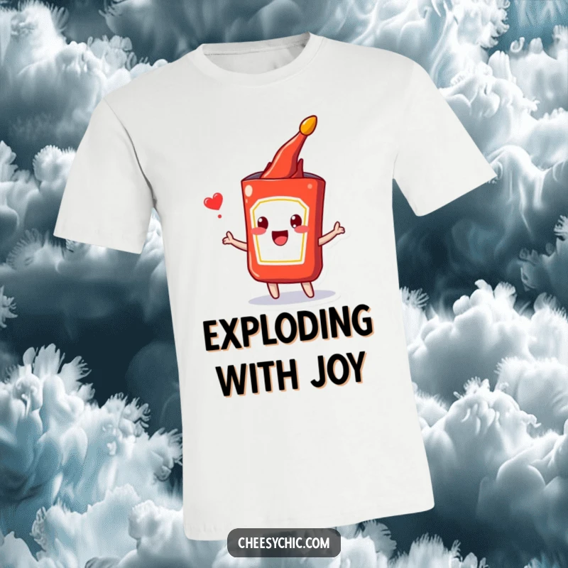 Funny t-shirt showcasing a cute anthropomorphic ketchup packet happily bursting outwards, radiating pure joy and excitement.