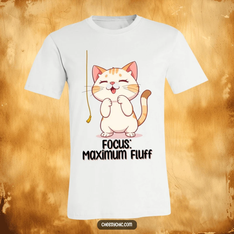 Funny t-shirt featuring a cute cat intensely batting at a dangling string, showing extreme focus and playful determination.