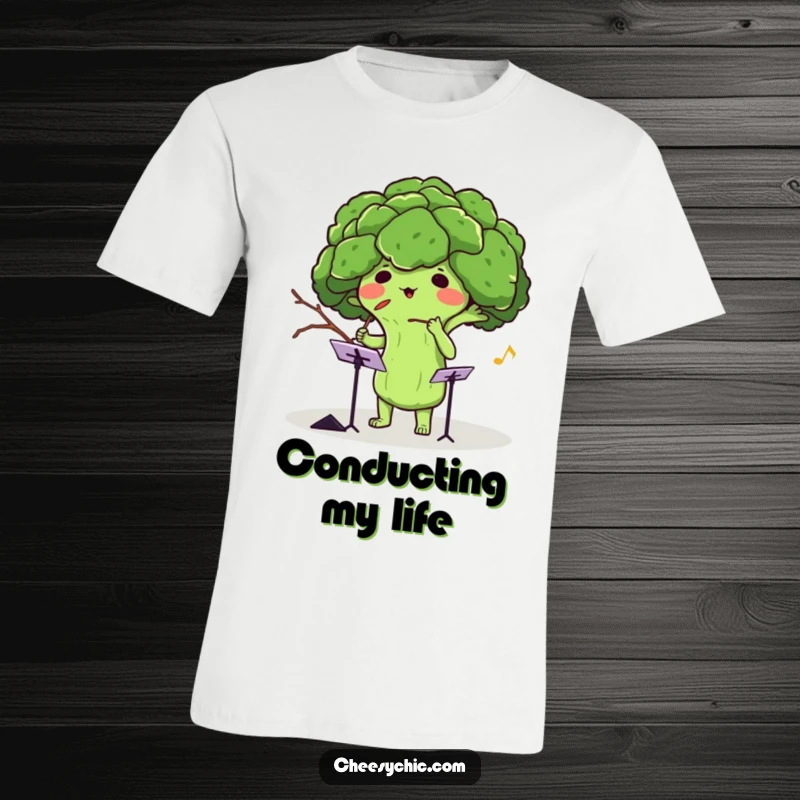 Funny t-shirt graphic of an adorable anthropomorphic broccoli enthusiastically conducting an invisible orchestra with a twig, full of zest.