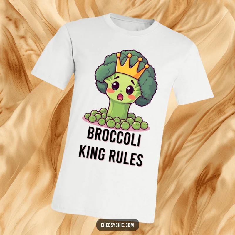 Funny t-shirt showing a surprised broccoli floret in a tiny crown, majestically ruling a court of peas with authority.