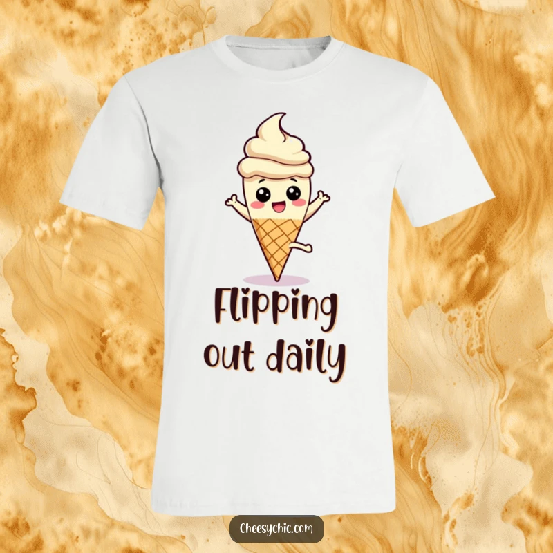 Funny t-shirt depicting a joyful ice cream cone character doing a dynamic cartwheel, stick held high in a moment of pure fun.