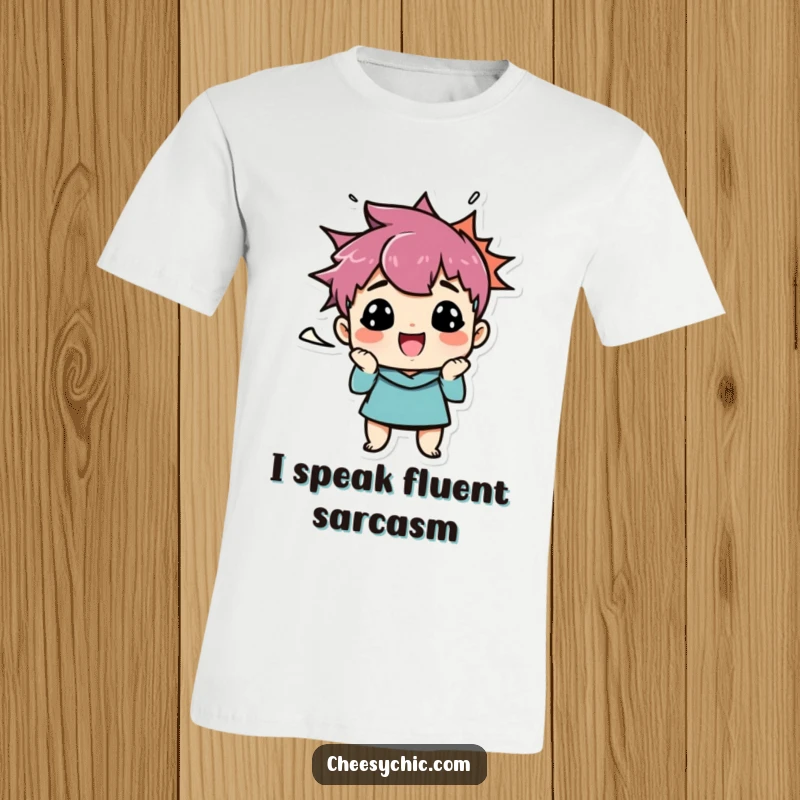 Funny t-shirt with a small, stylized character pulling a comical funny face, complete with a bold speech bubble signaling its hilarious outburst.