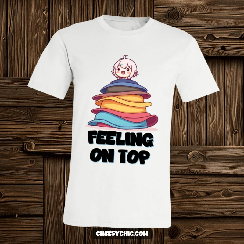 Funny T-shirt of a character in a precarious balance on a tall stack of colorful hats, beaming with delighted joy.