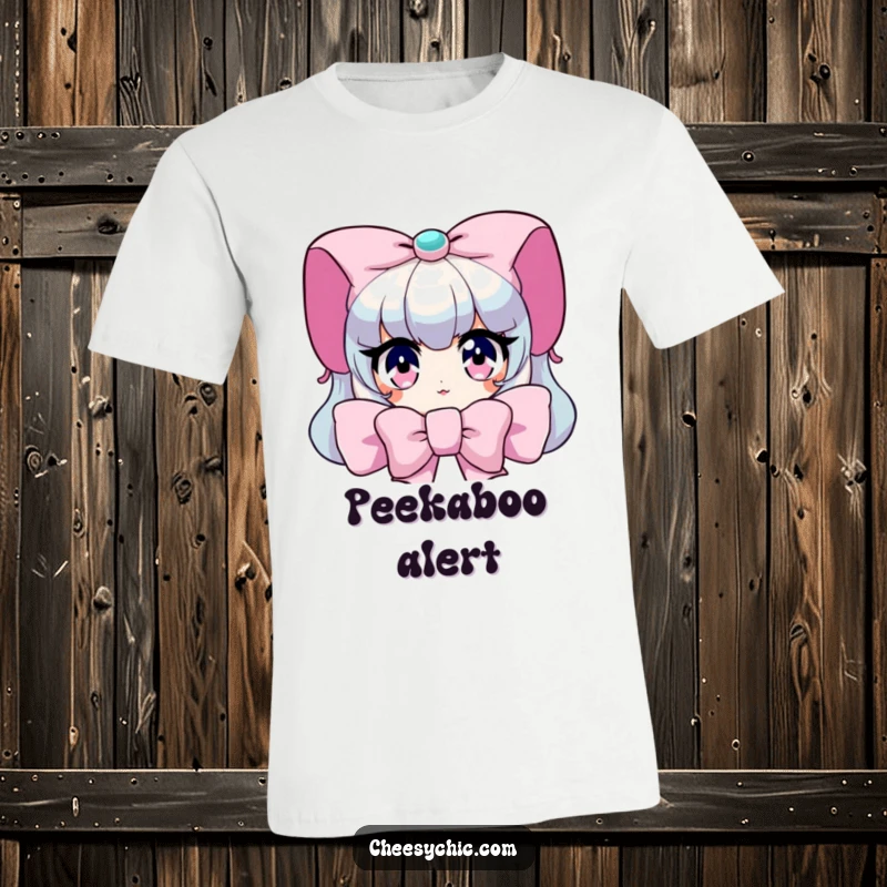 Funny T-Shirt: Character peeking from behind a giant bow, with wide, sparkling, innocent eyes.