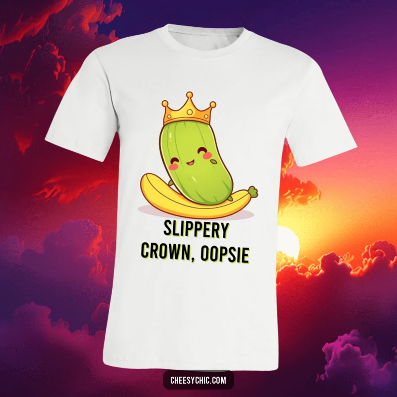 Funny t-shirt showing a cartoon pickle with a crown, hilariously falling on a banana peel, a perfect comical statement.