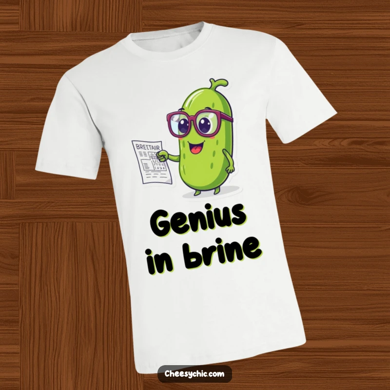 Funny t-shirt showing a smart anthropomorphic pickle in large glasses pointing at a technical blueprint.