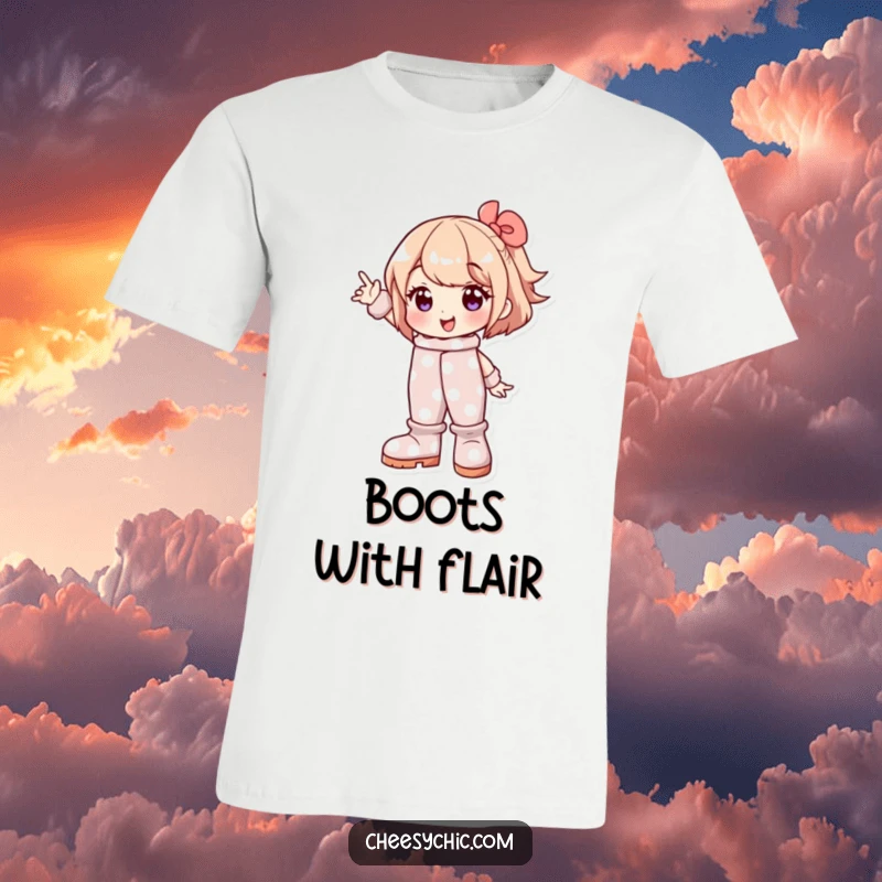 Funny t-shirt featuring a character in enormous polka dot boots striking a fun, confident pose, celebrating individuality and humor.