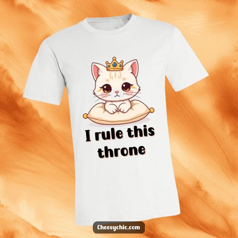 Funny t-shirt design of a cute cat character wearing a small, golden crown, looking stately on a velvet cushion.