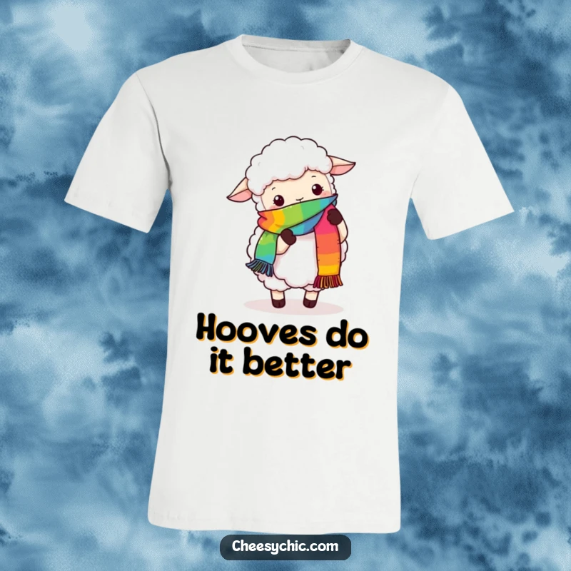 Funny t-shirt design featuring a fluffy sheep hilariously attempting to knit a vibrant rainbow scarf using its hooves, looking focused.
