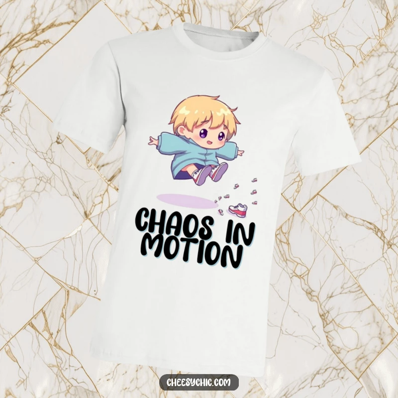 Funny T-Shirt: Character playfully tripping, with a cascade of tiny shiny shoes, a humorous and joyful design.