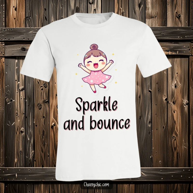 Funny t-shirt featuring a small, round character in a sparkly dress, joyfully bouncing with an infectious smile and vibrant energy.