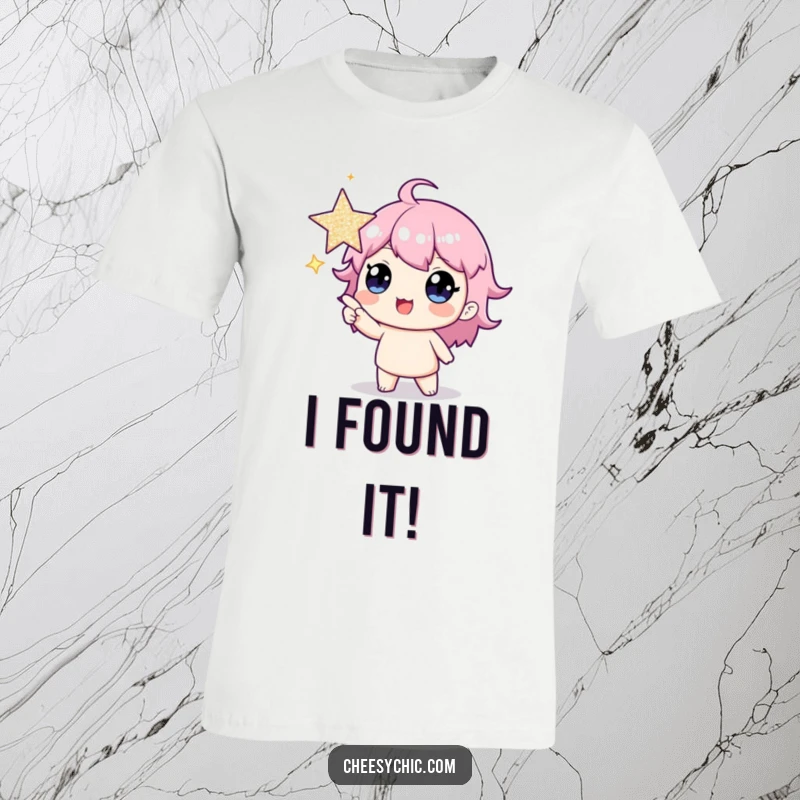 Funny t-shirt with a gleeful character enthusiastically pointing towards a large, dazzling star, embodying excitement and aspiration.