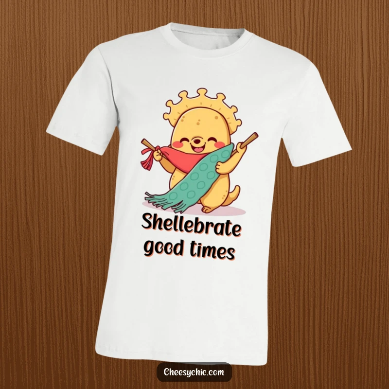 Funny t-shirt graphic of a smiling anthropomorphic taco enthusiastically knitting a comically large scarf, radiating warmth.