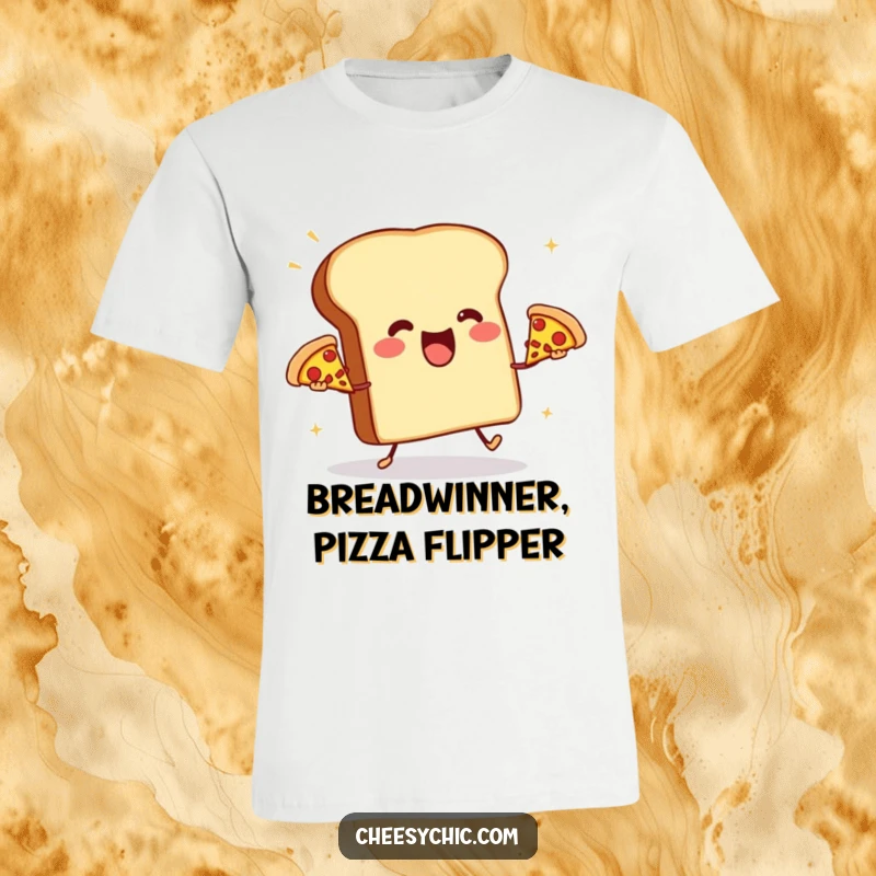 Funny t-shirt depicting an anthropomorphic toast aggressively juggling three small pizzas, a comical celebration of food coordination.
