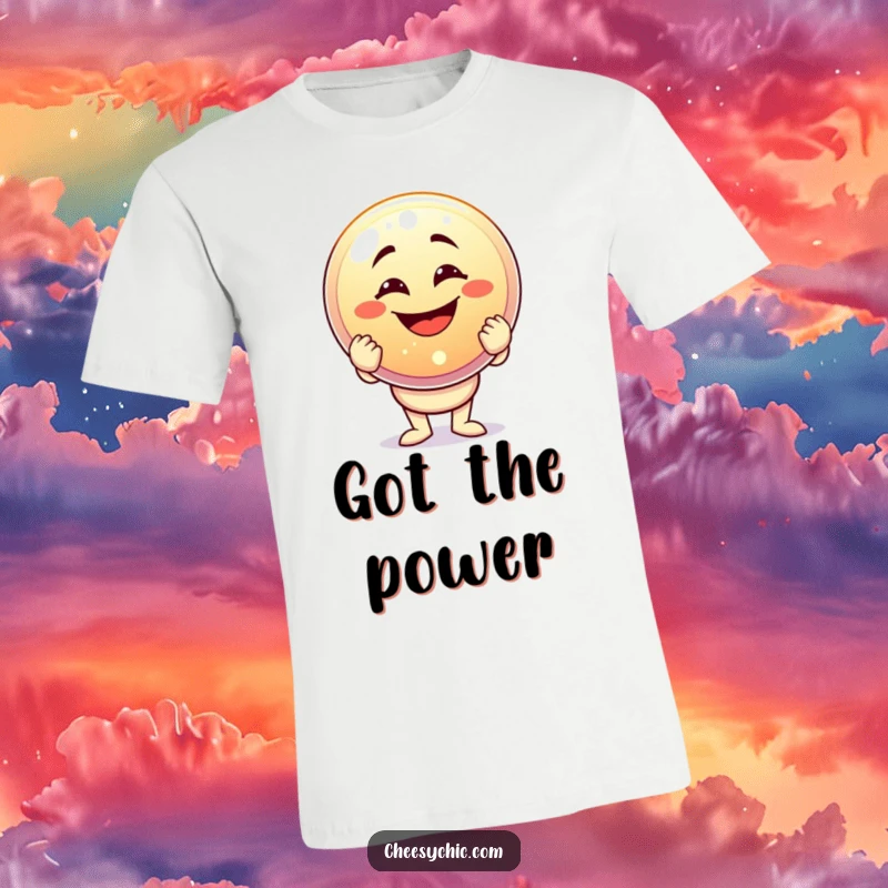 Funny t-shirt depicting a character with a massive grin holding an oversized, glittering button, celebrating success and humor.