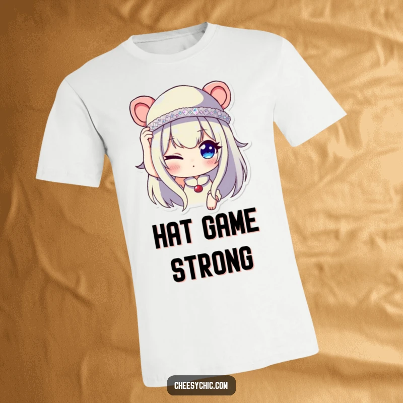 Funny t-shirt featuring a character winking playfully while adjusting a tiny, sequined hat, conveying charm and wit.