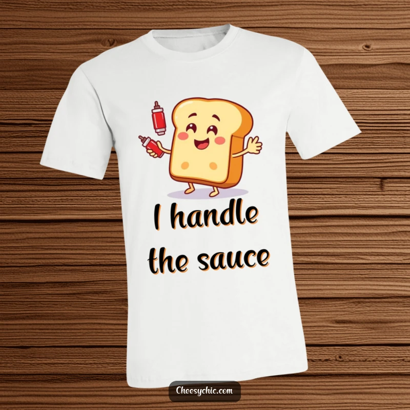 Funny t-shirt featuring a cheerful anthropomorphic bread slice juggling ketchup bottles with great enthusiasm.