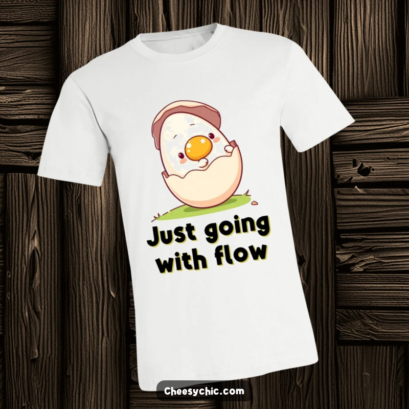 Funny t-shirt with a charming anthropomorphic egg rolling downhill in its shell, depicting carefree joy. Great gift.