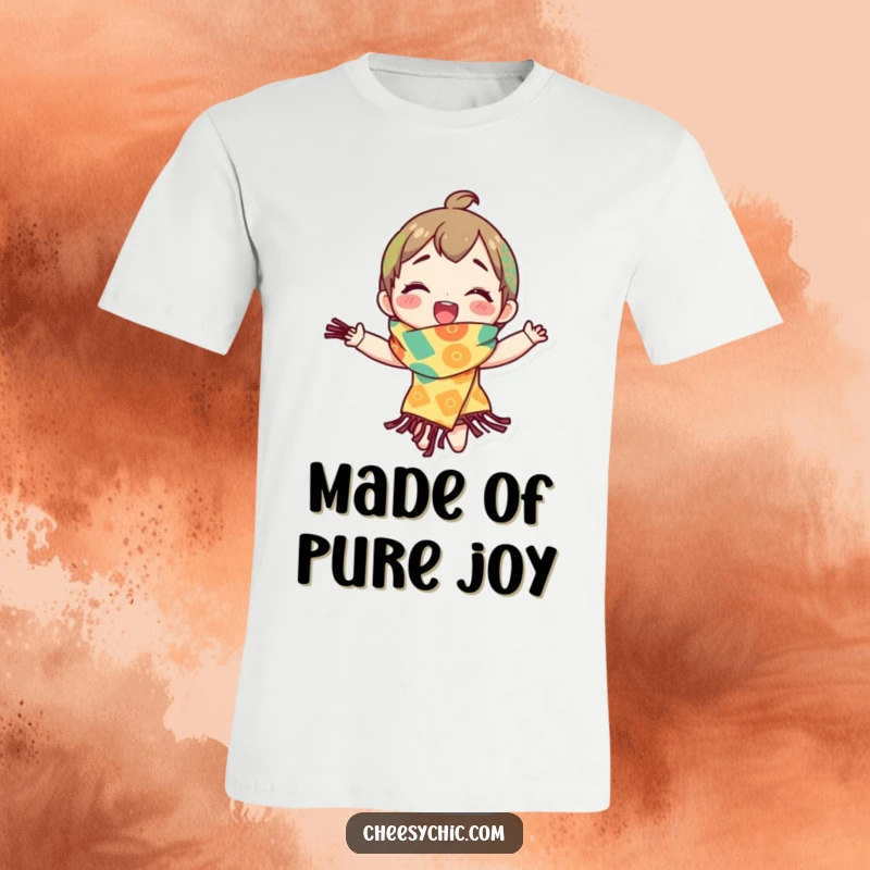 Funny t-shirt showing a character in a bright, patterned scarf spinning ecstatically, embodying pure, uninhibited joy and motion.