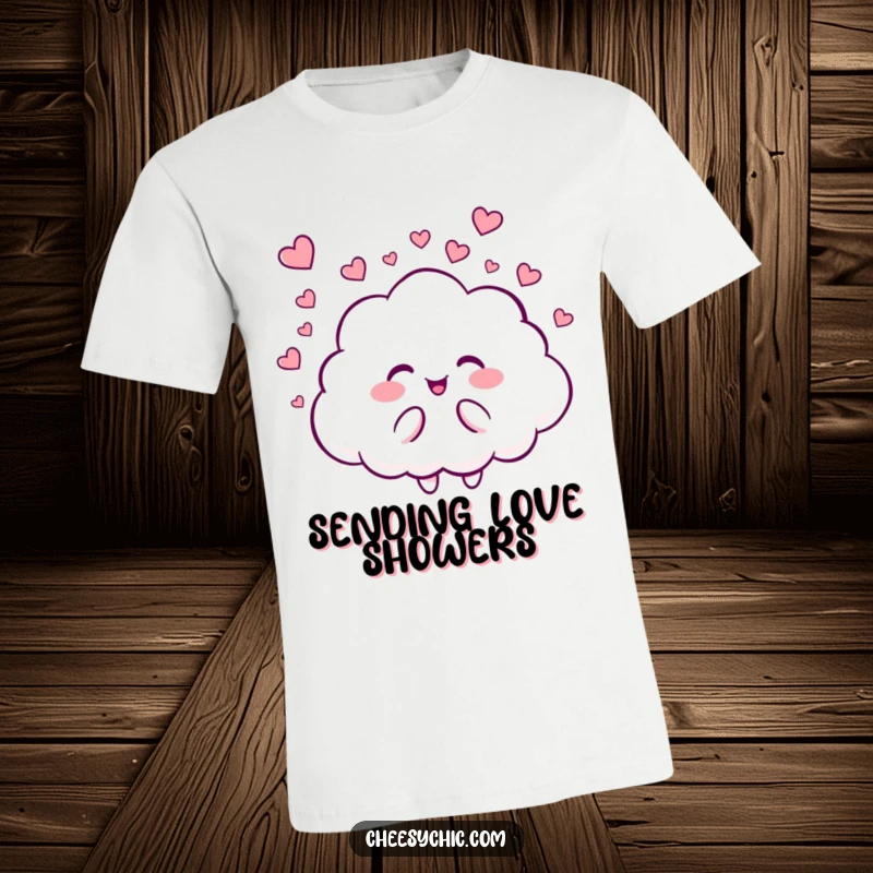 Funny t-shirt featuring a giggling cloud character joyfully raining a shower of tiny, sweet hearts, spreading love and happiness.