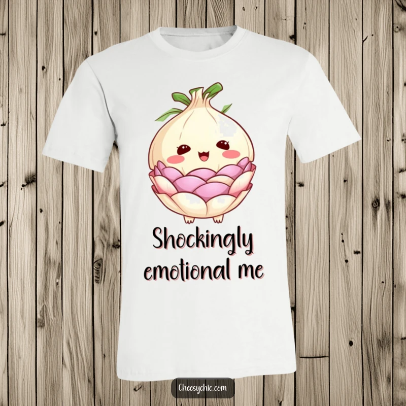Funny t-shirt with a cute anthropomorphic onion whose layers are peeling back rapidly due to a shocking and surprising revelation.