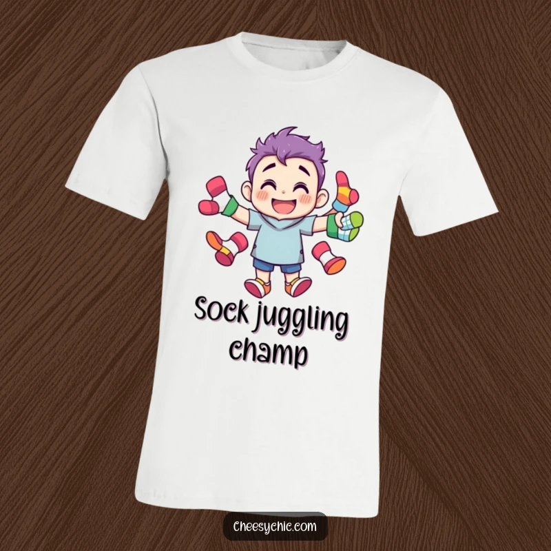 Funny t-shirt featuring a character with a wide grin, expertly juggling multiple brightly colored, mismatched socks, celebrating laundry fun.
