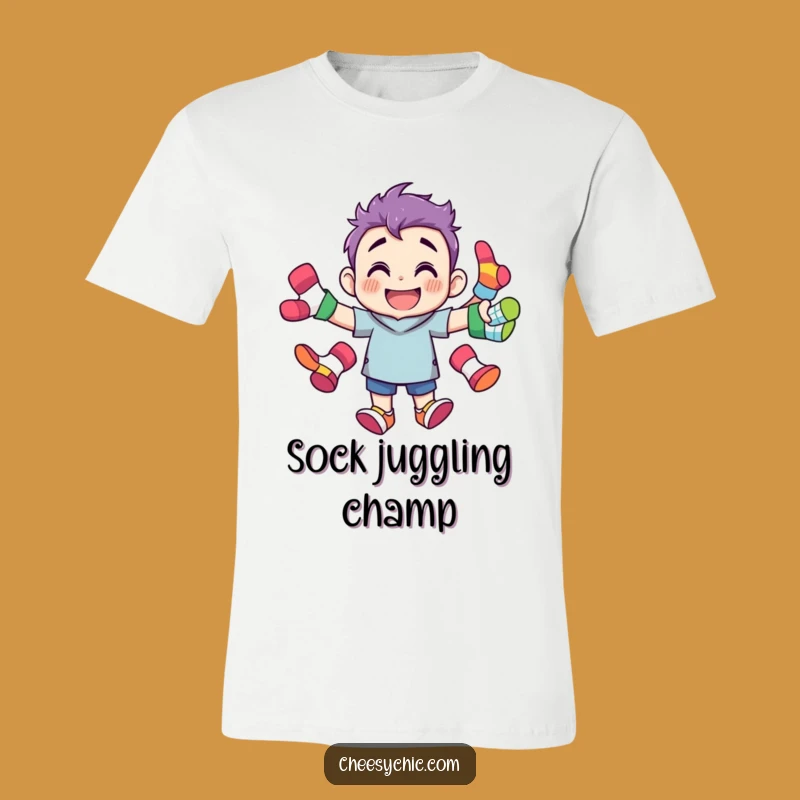 Funny Sock Juggling Character T-Shirt - Grinning Laundry Day Tee for Laughs