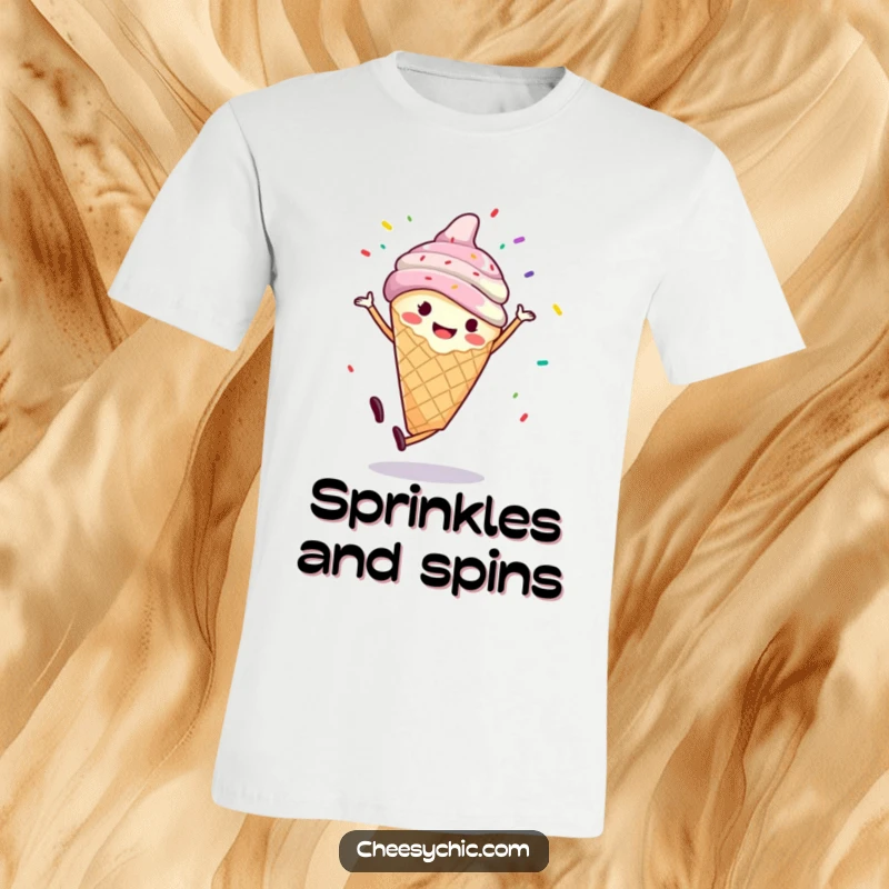 Funny t-shirt depicting a smiling ice cream cone doing a cartwheel with sprinkles flying, a celebration of frozen fun and movement.