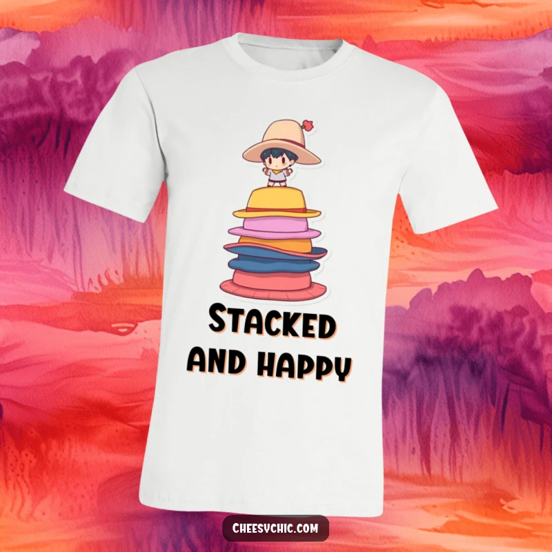 Funny T-Shirt of a small stylized character struggling to balance on a precarious stack of large, colorful hats.