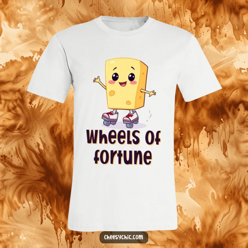 Funny t-shirt with a happy anthropomorphic cheese slice attempting to balance on roller skates.