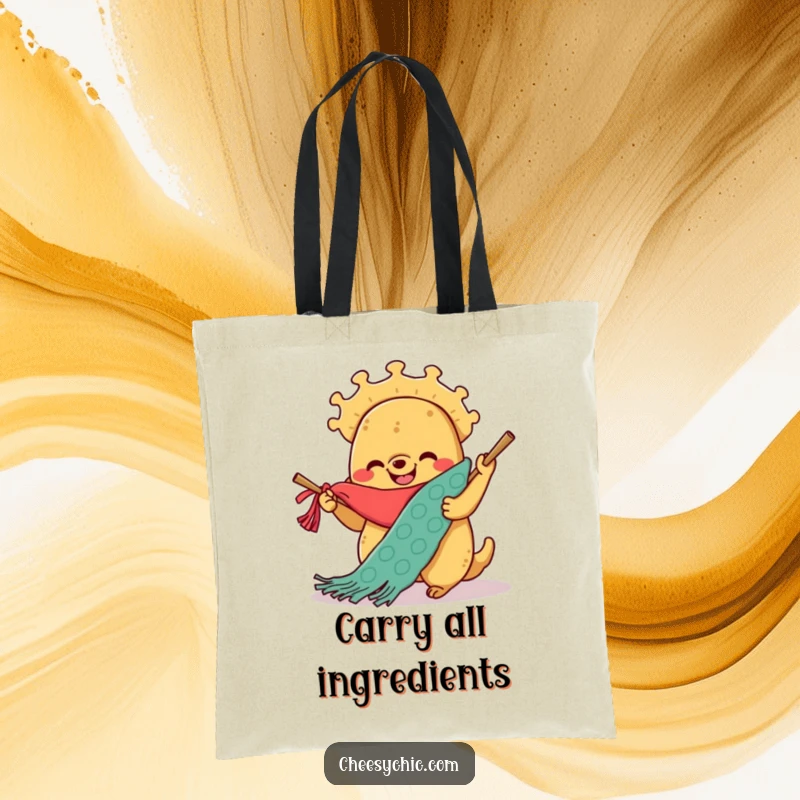 Funny tote bag featuring a smiling anthropomorphic taco enthusiastically knitting a large scarf, ready for any task.