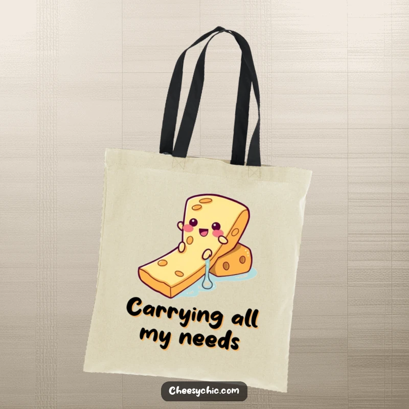 Funny Tote Bag with a joyful cheese slice character sliding down a cracker waterslide, a whimsical and humorous accessory.