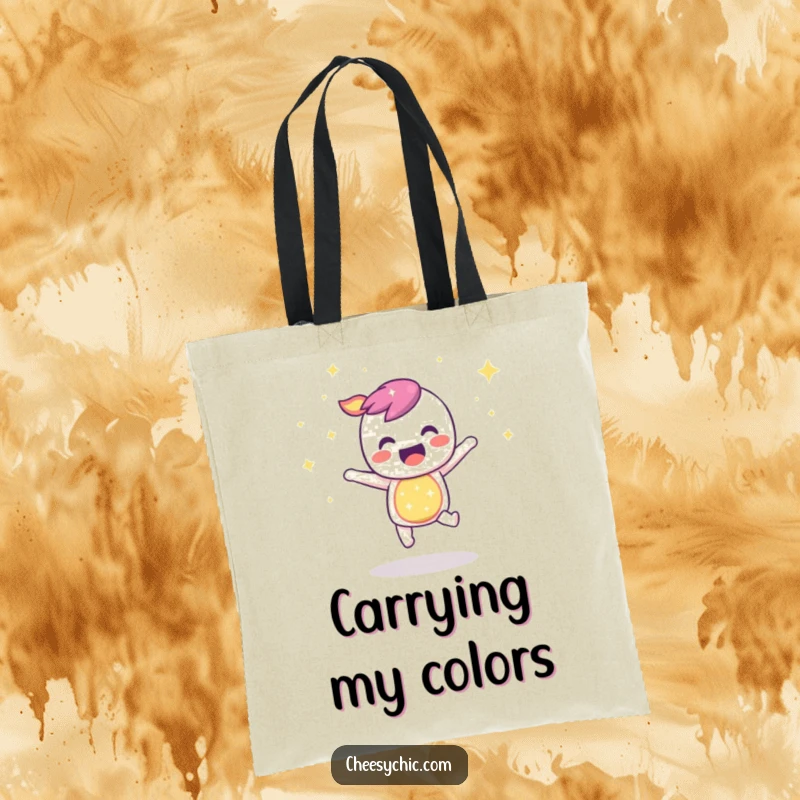 Funny tote bag showcasing a sparkly rainbow character bouncing with infectious joy, perfect for carrying your essentials with flair.