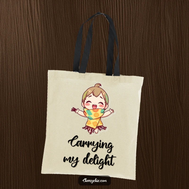 Funny tote bag showing a character happily spinning in a brightly patterned scarf, symbolizing carefree joy and movement.
