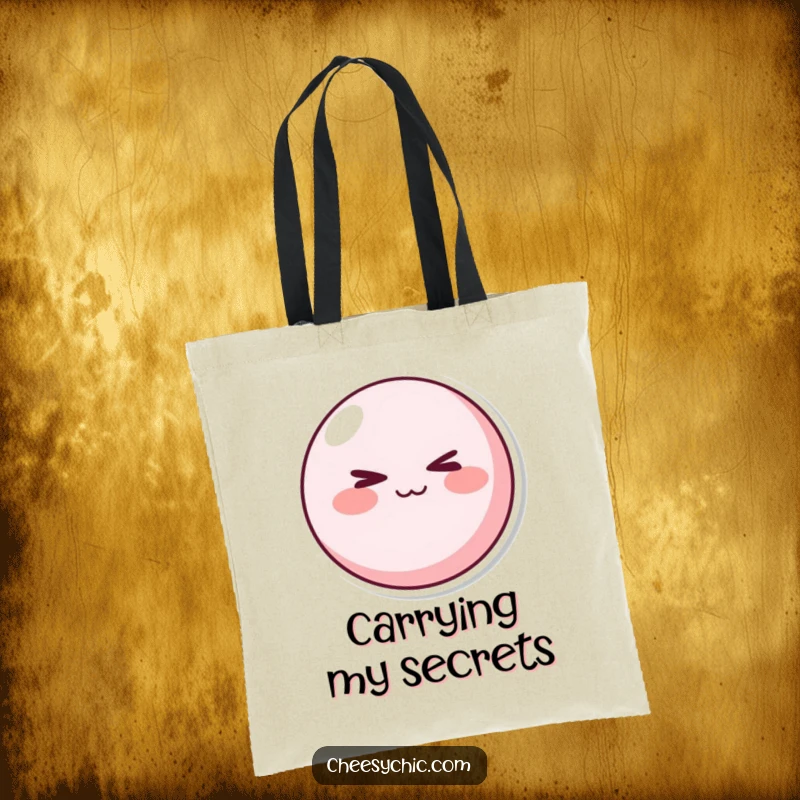 Funny Tote Bag: A round pink character with rosy cheeks winking mischievously. Excellent funny gift for shoppers.