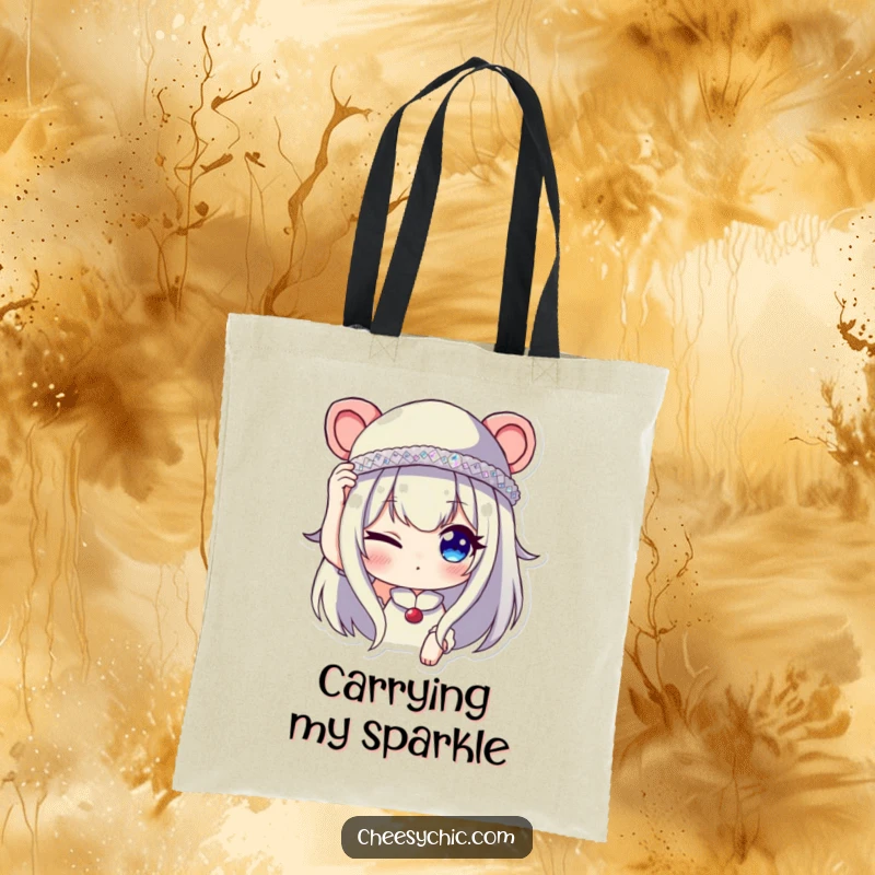 Funny tote bag featuring a character winking while adjusting a tiny, sequined hat, perfect for carrying items with charm.