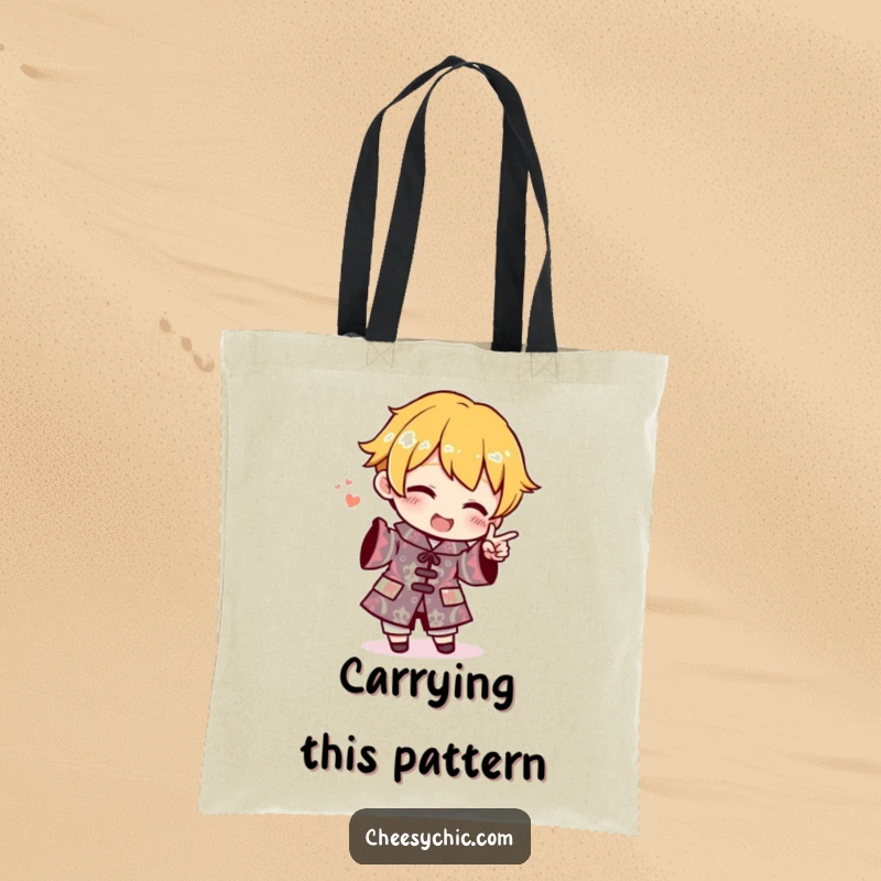 Funny Tote Bag showcasing a small stylized character excitedly pointing at an outfit with a chaotic and ridiculously bold pattern.