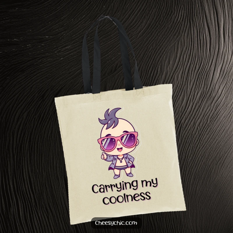 Funny Tote Bag showcasing a small stylized character with huge sparkly sunglasses in a powerful, confident, and stylish pose.