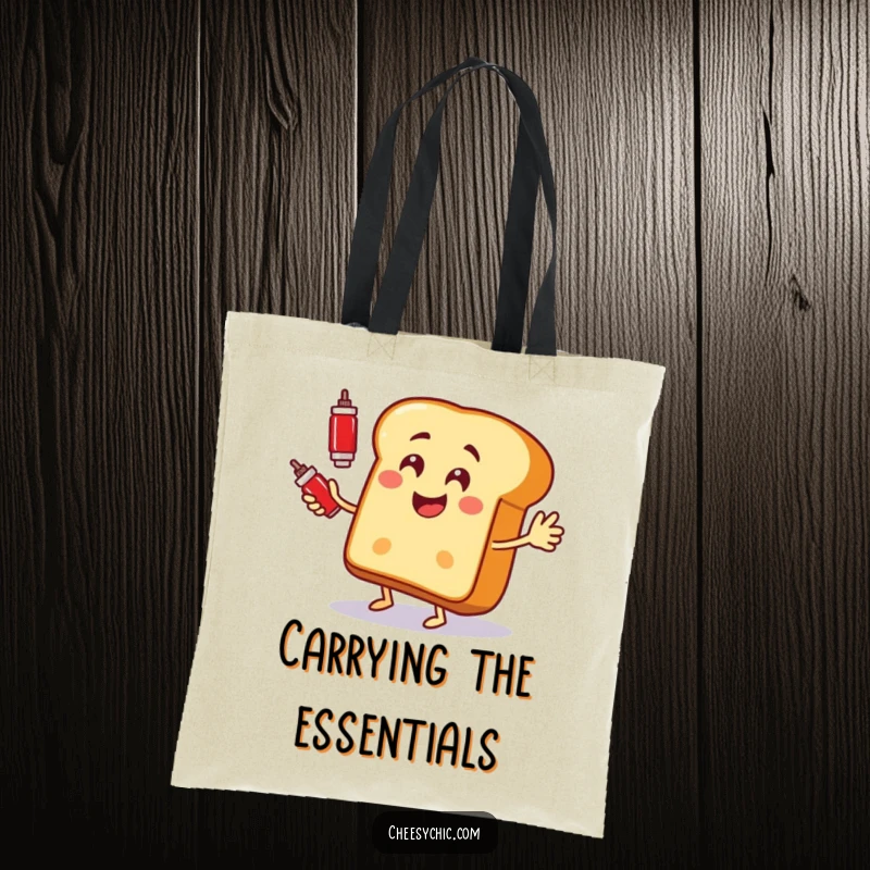 Funny tote bag with a happy anthropomorphic bread slice juggling red ketchup bottles.