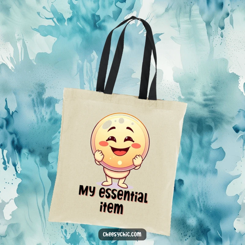 Funny tote bag with a character holding a giant sparkling button and grinning, representing success and playful humor.