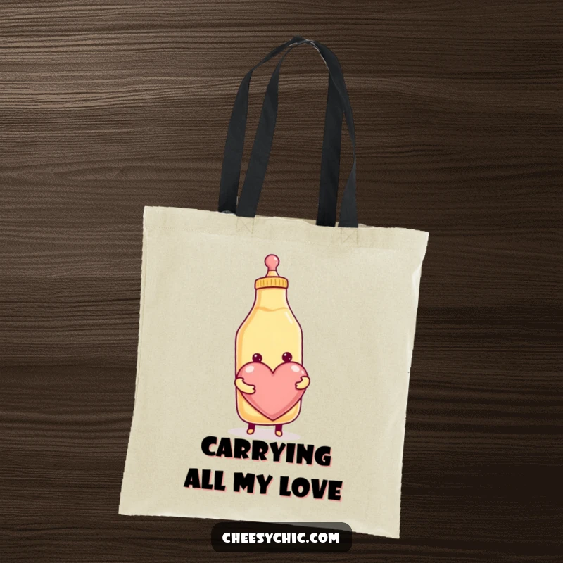 Funny tote bag featuring a smiling anthropomorphic condiment bottle ecstatically squeezing a giant heart, perfect for carrying groceries and smiles.