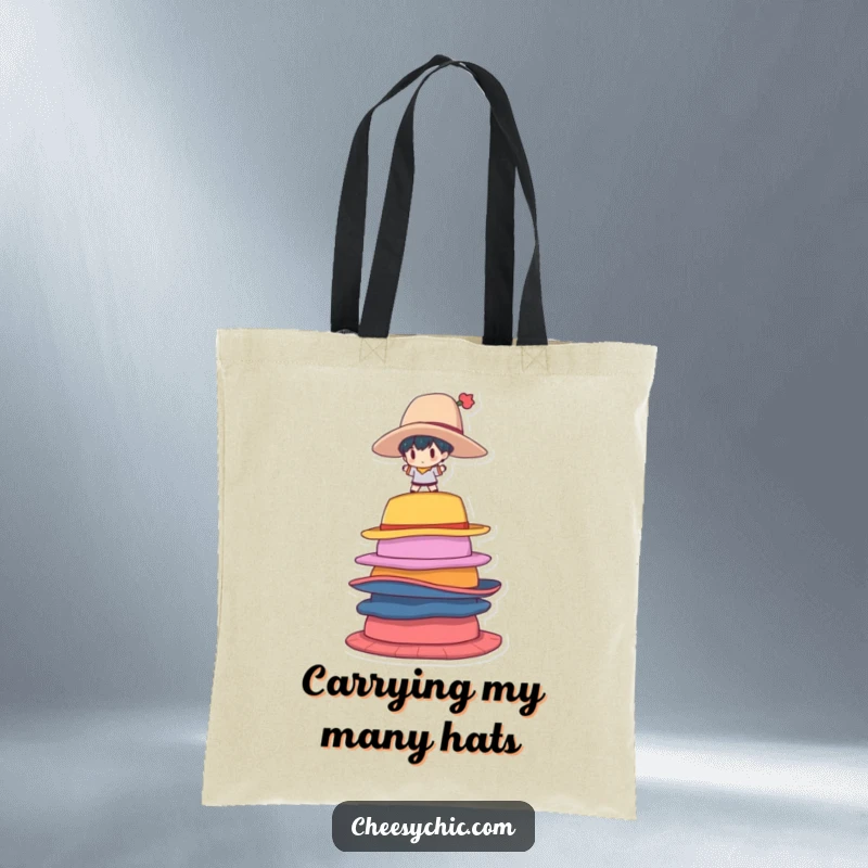 Funny Tote Bag showcasing a small stylized character balancing uncertainly atop a tall stack of oversized, brightly colored hats.