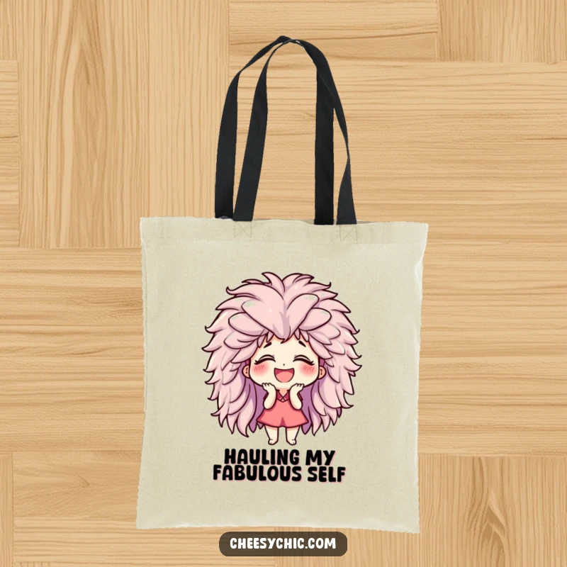 Funny tote bag featuring a small stylized character giggling uncontrollably while wearing a giant, fluffy wig, ready to hold your items.
