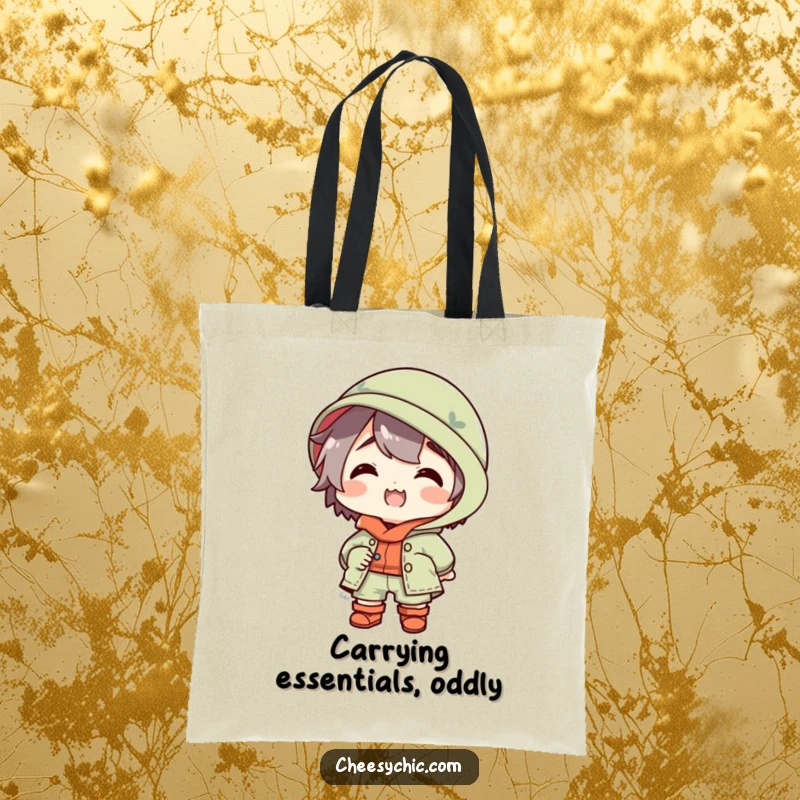 Funny tote bag featuring a small stylized character in a spectacularly mismatched outfit, looking utterly delighted, ready to carry your belongings.