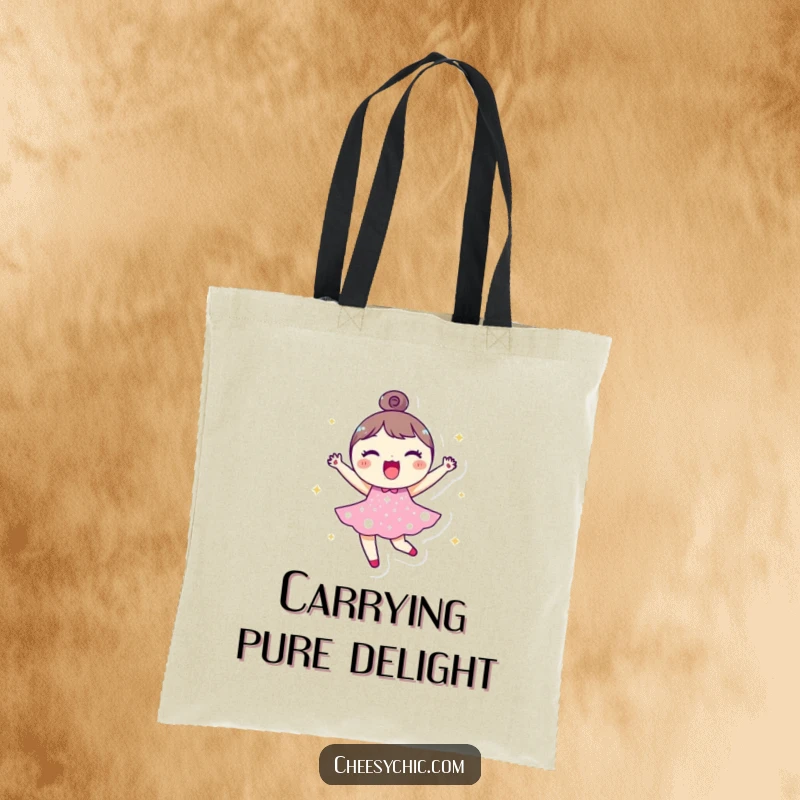 Funny tote bag showcasing a small, round character in a sparkly dress, joyfully bouncing while carrying daily necessities with glee.